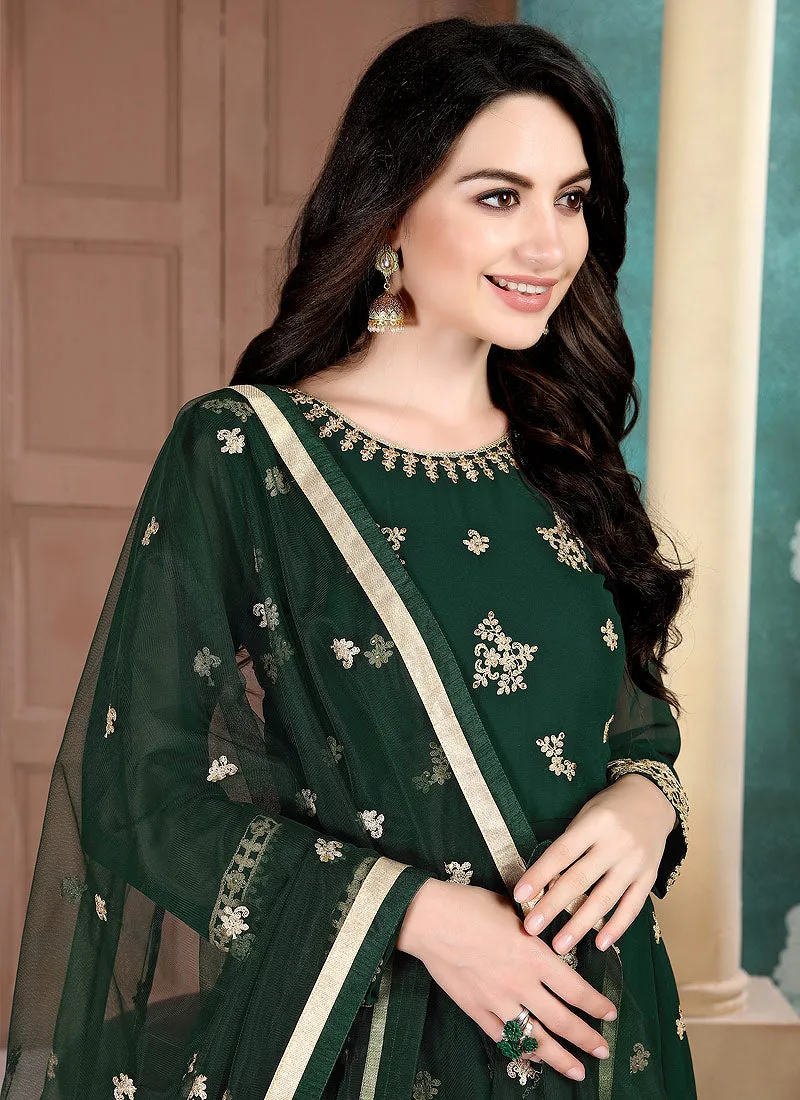 Dark Green Golden Embroidered Anarkali Pant Suit