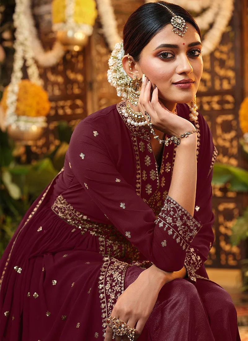 Deep Mauve Georgette Embroidered Slit Style Palazzo Suit