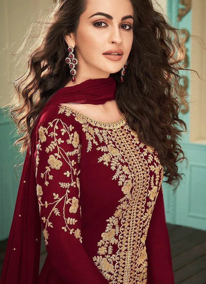 Deep Red Slit Style Embroidered Anarkali Suit
