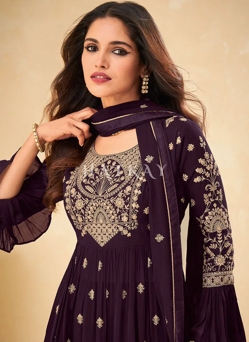 Deep Wine Thread Embroidered Pleated Palazzo Suit