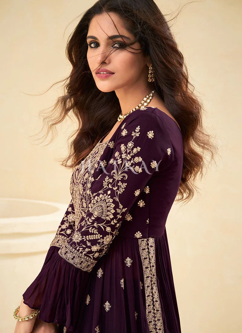 Deep Wine Thread Embroidered Pleated Palazzo Suit