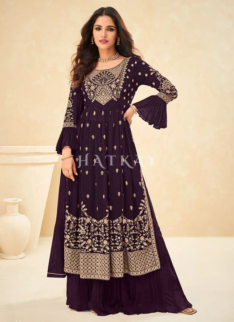 Deep Wine Thread Embroidered Pleated Palazzo Suit