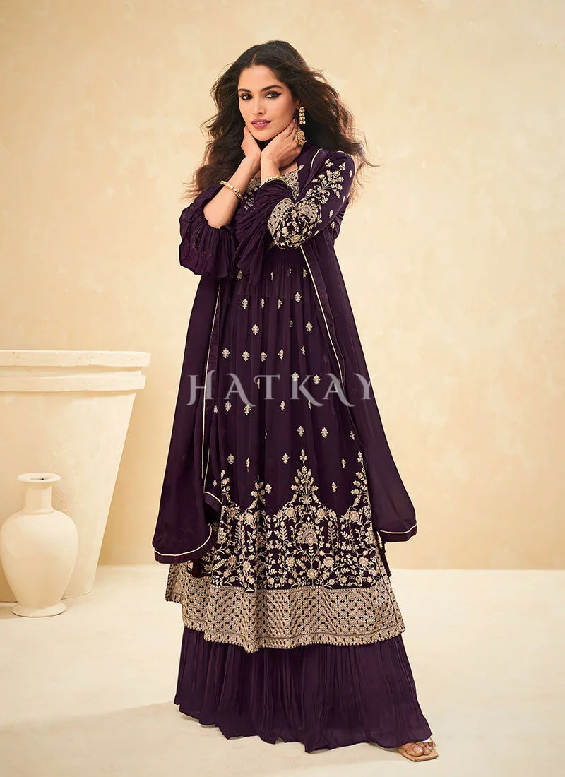 Deep Wine Thread Embroidered Pleated Palazzo Suit