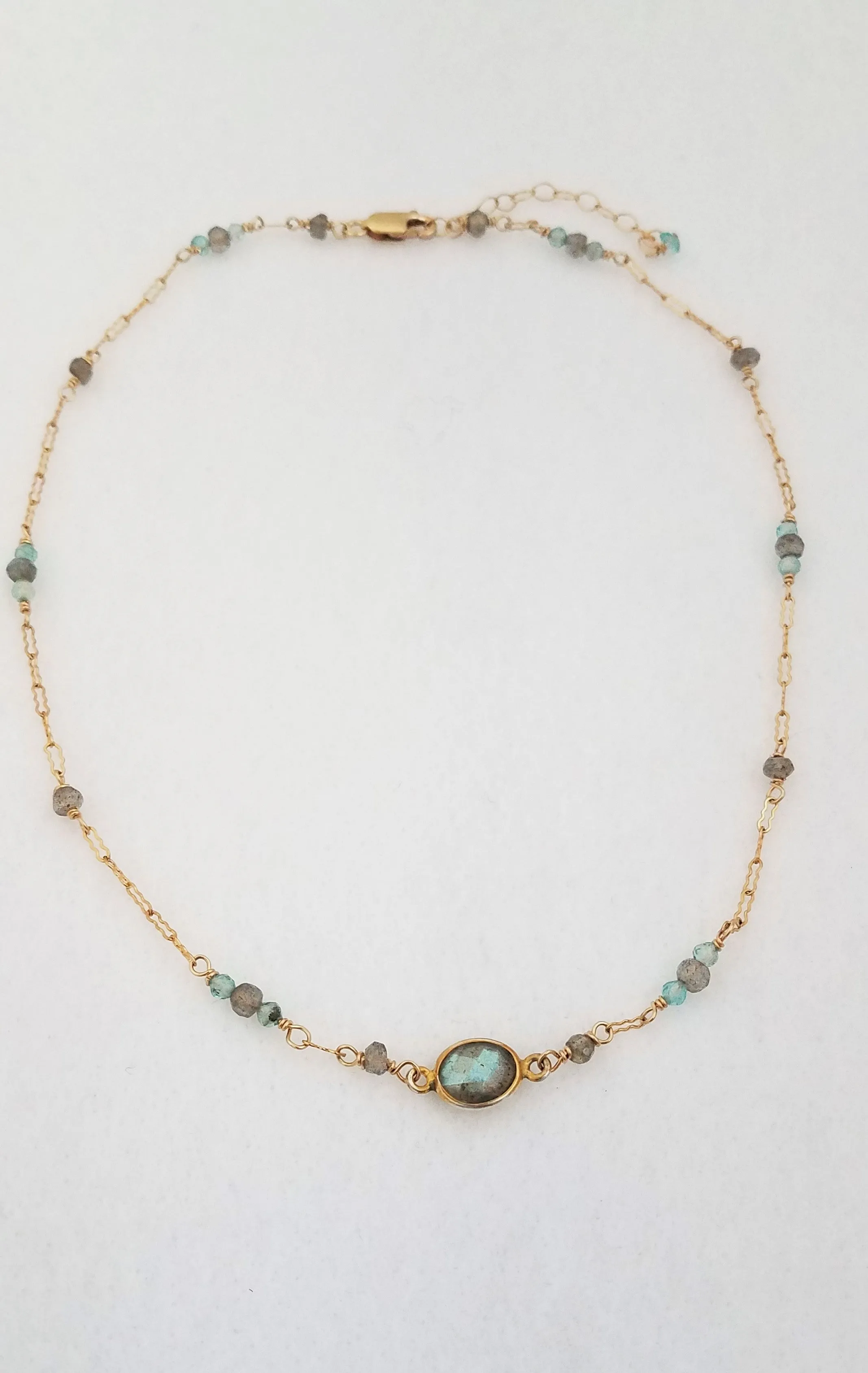Delicate Single Strand Necklace with Mystical Labradorite and Apatite Gemstones on Gold-Filled Chain to Align Your Chakras.