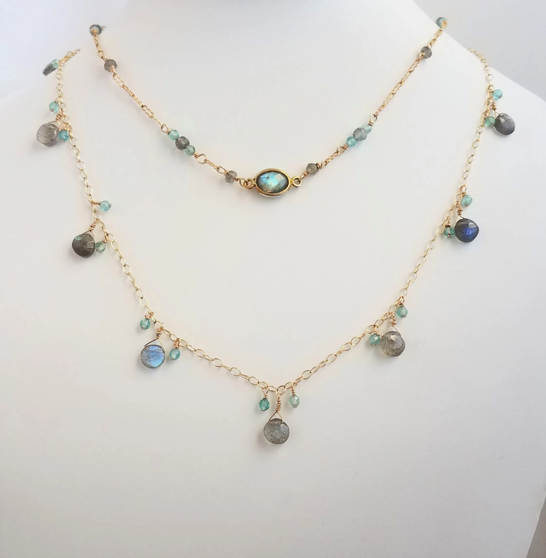 Delicate Single Strand Necklace with Mystical Labradorite and Apatite Gemstones on Gold-Filled Chain to Align Your Chakras.