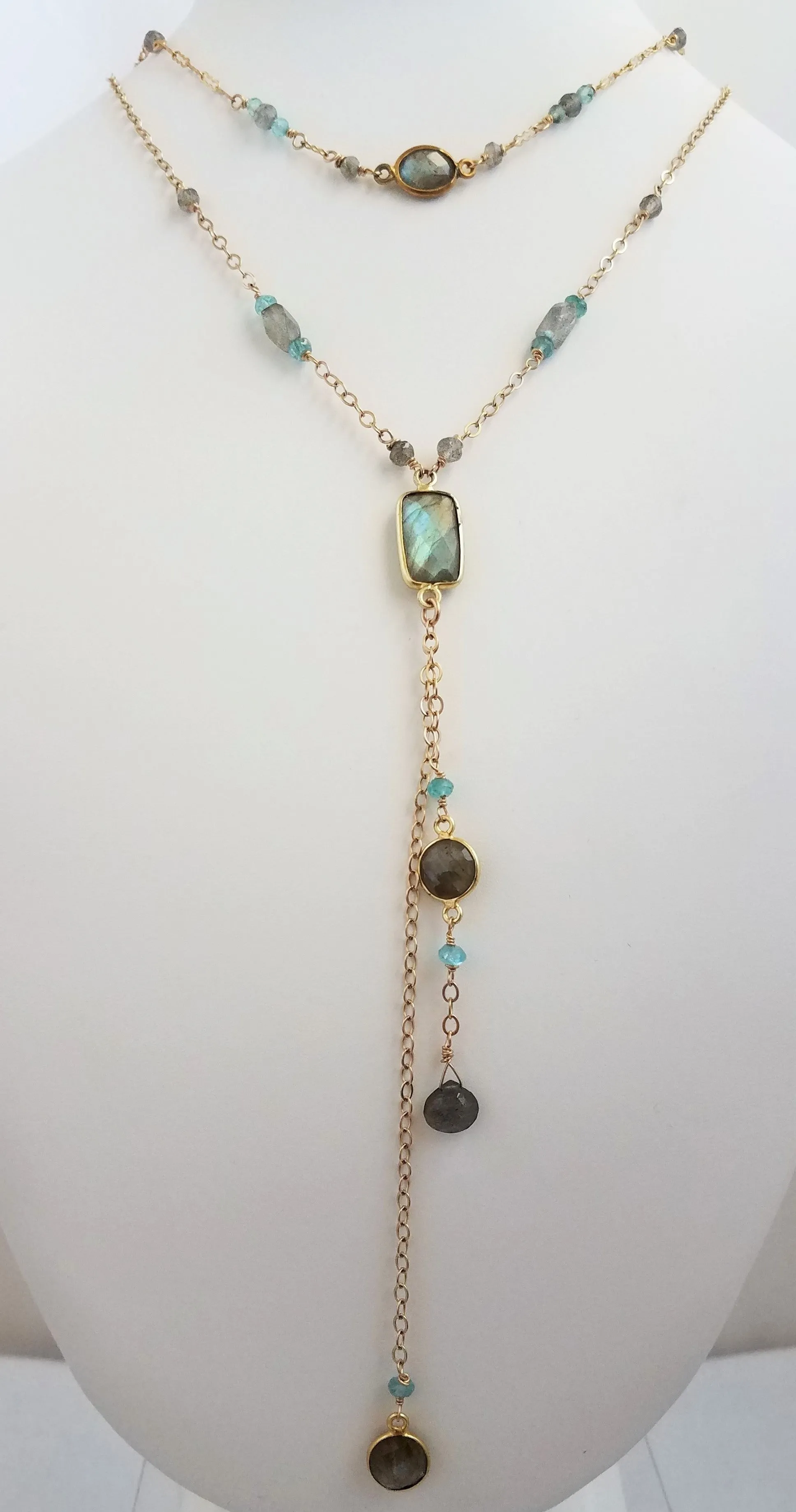 Delicate Single Strand Necklace with Mystical Labradorite and Apatite Gemstones on Gold-Filled Chain to Align Your Chakras.