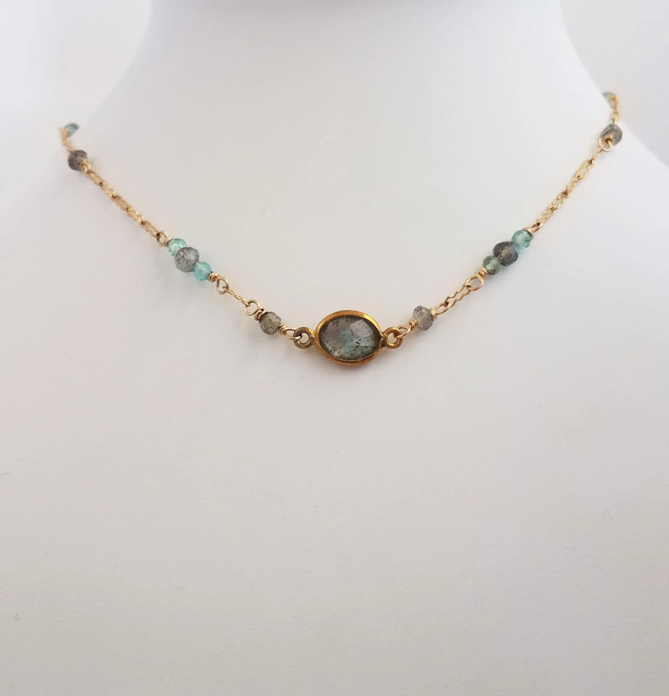Delicate Single Strand Necklace with Mystical Labradorite and Apatite Gemstones on Gold-Filled Chain to Align Your Chakras.