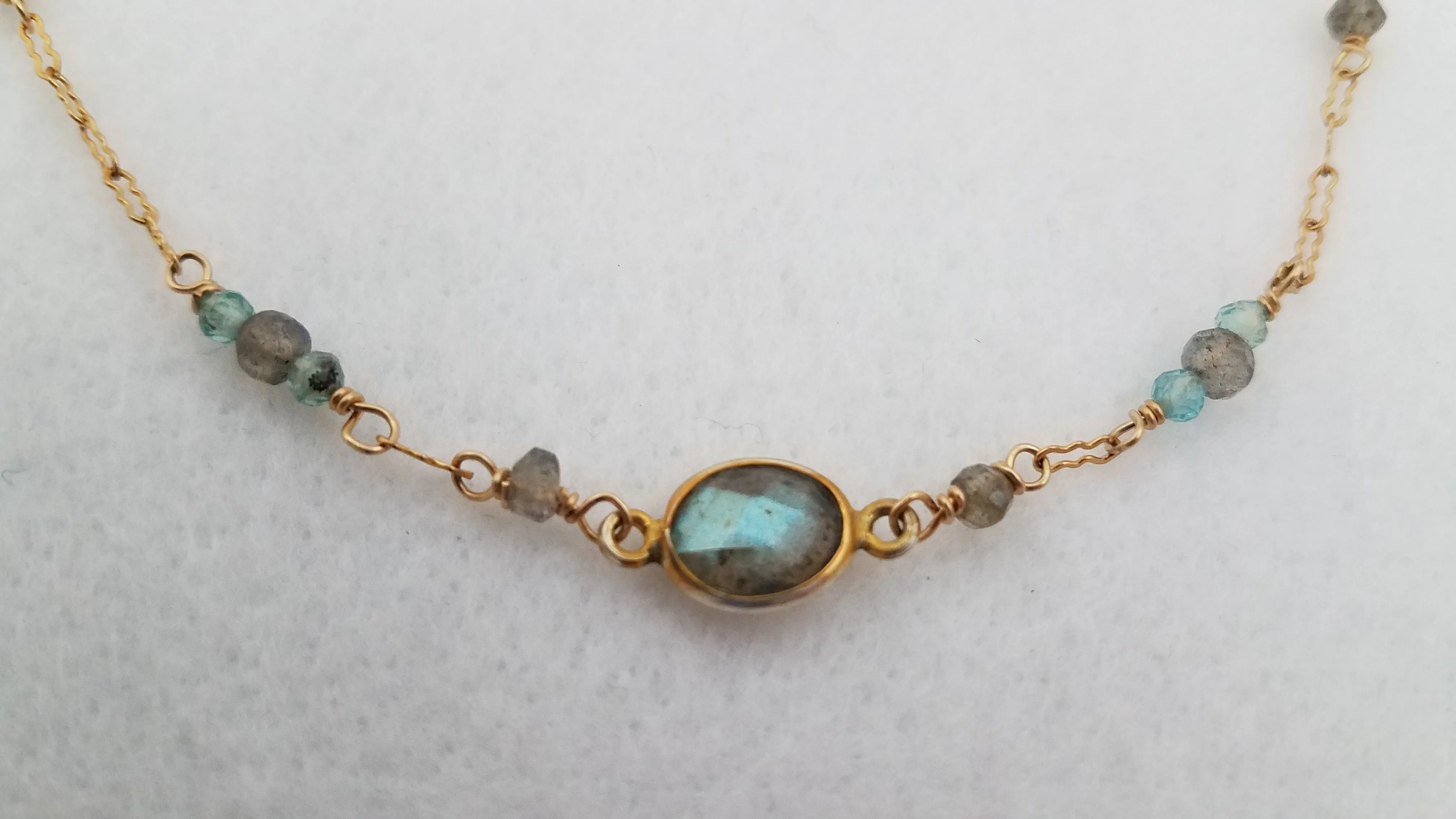 Delicate Single Strand Necklace with Mystical Labradorite and Apatite Gemstones on Gold-Filled Chain to Align Your Chakras.