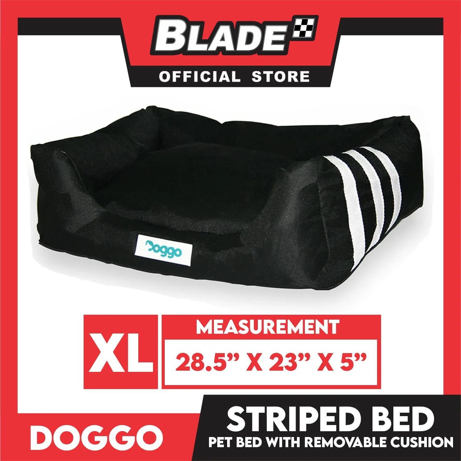 Doggo Striped Bed Black with White Striped (Extra Large) with Removable Cushion