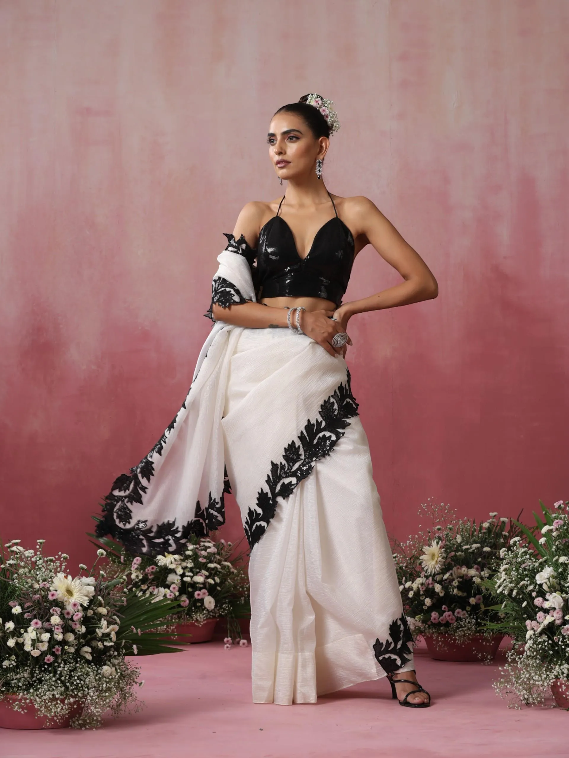 Double Life White Gold Crushed Organza Saree with Sequin Blouse Fabric