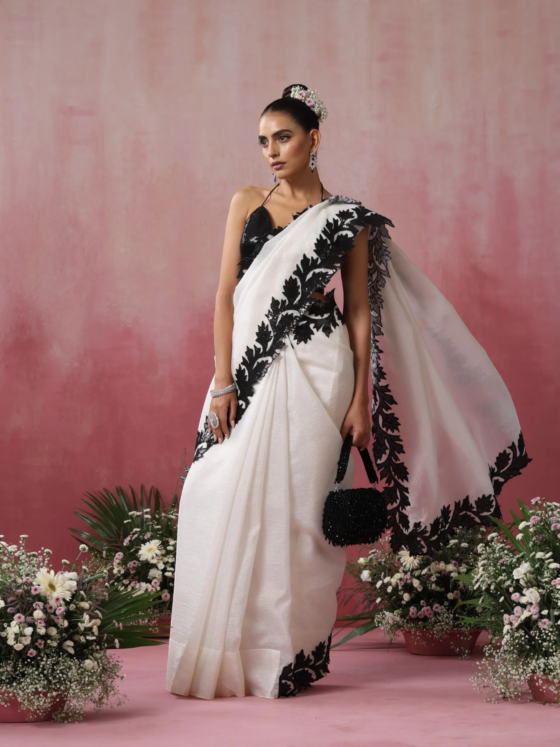 Double Life White Gold Crushed Organza Saree with Sequin Blouse Fabric