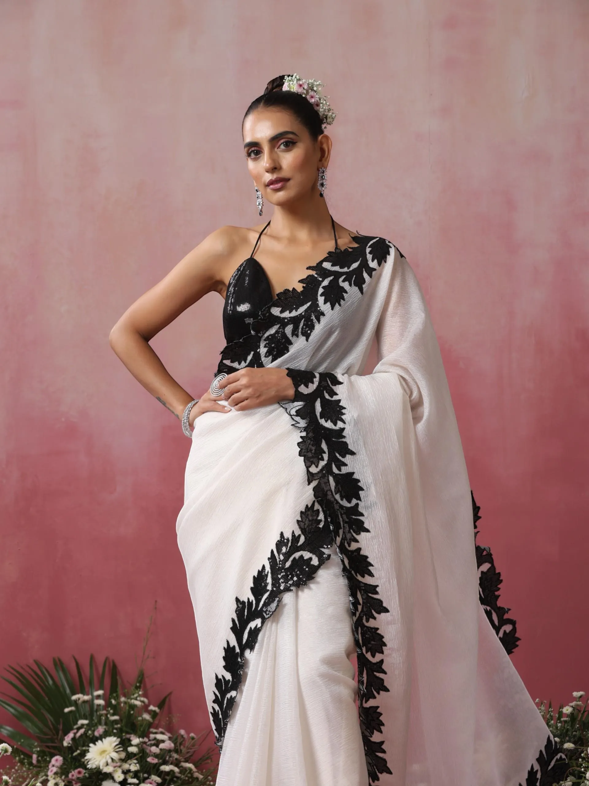 Double Life White Gold Crushed Organza Saree with Sequin Blouse Fabric