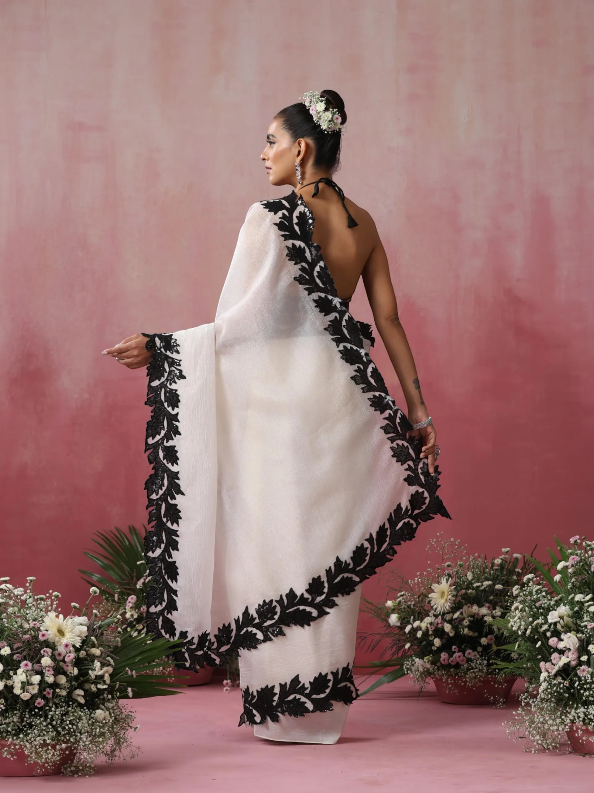 Double Life White Gold Crushed Organza Saree with Sequin Blouse Fabric