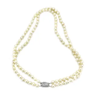 Double Strand Engraved Japanese Cultured Akoya Pearl Choker Necklace -Sterling Silver 15.50 & 16 Inch
