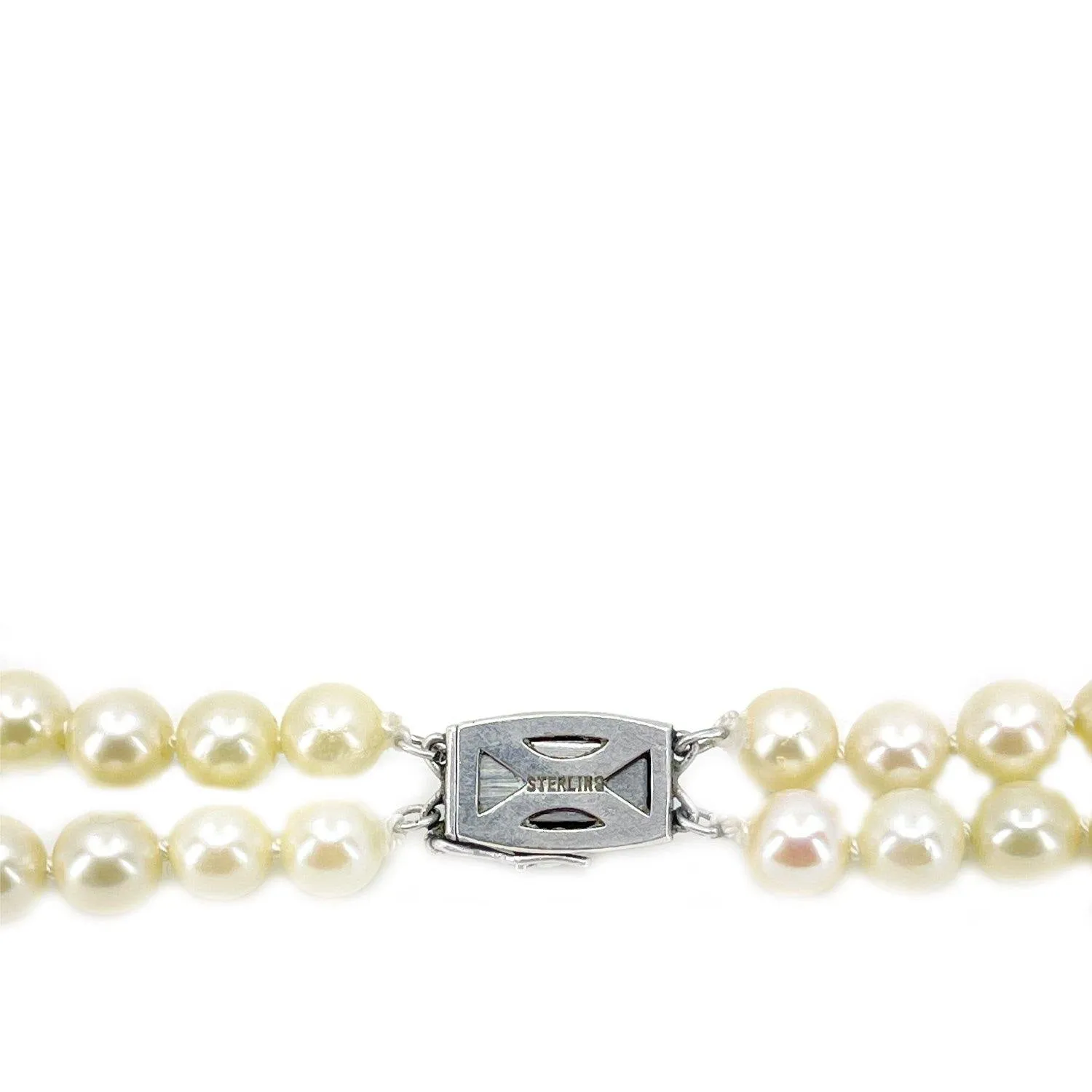 Double Strand Engraved Japanese Cultured Akoya Pearl Choker Necklace -Sterling Silver 15.50 & 16 Inch