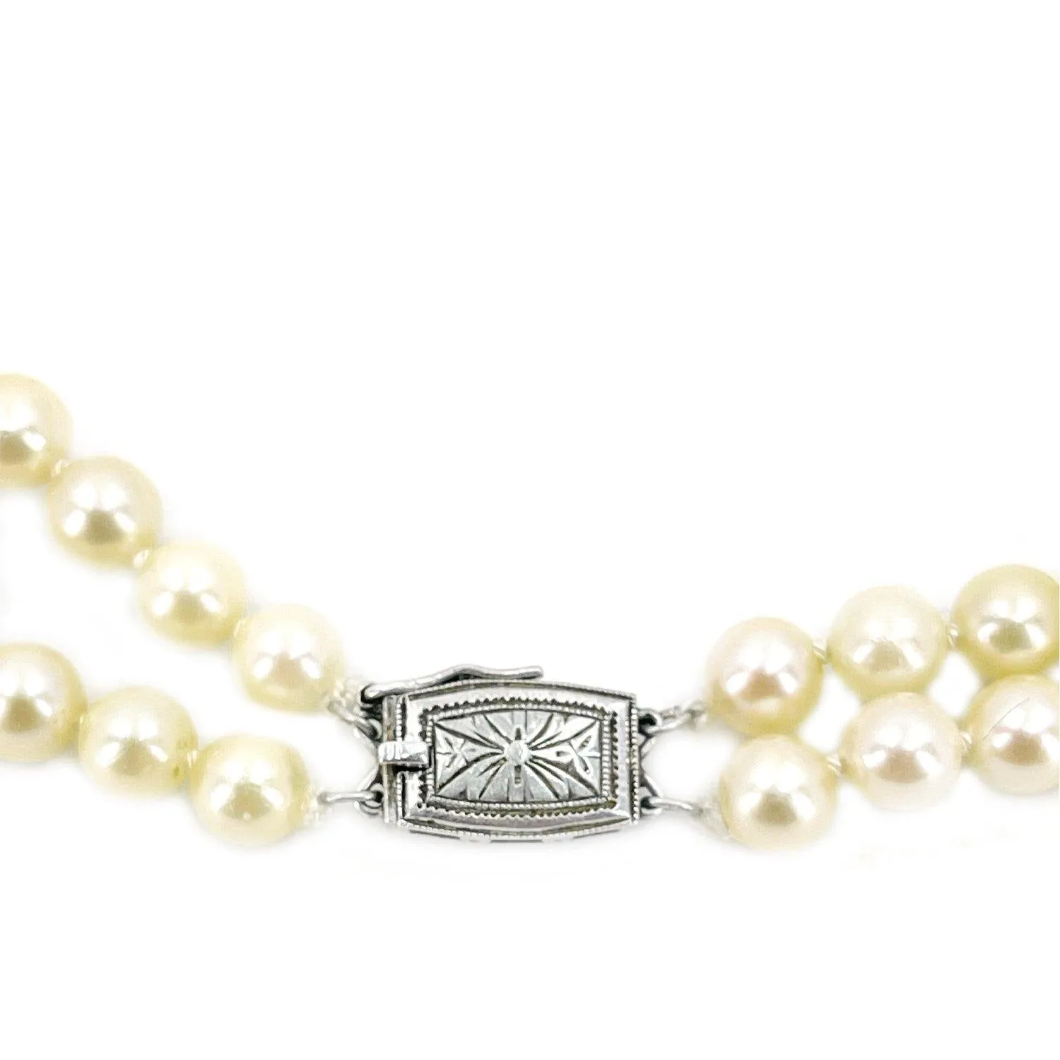 Double Strand Engraved Japanese Cultured Akoya Pearl Choker Necklace -Sterling Silver 15.50 & 16 Inch