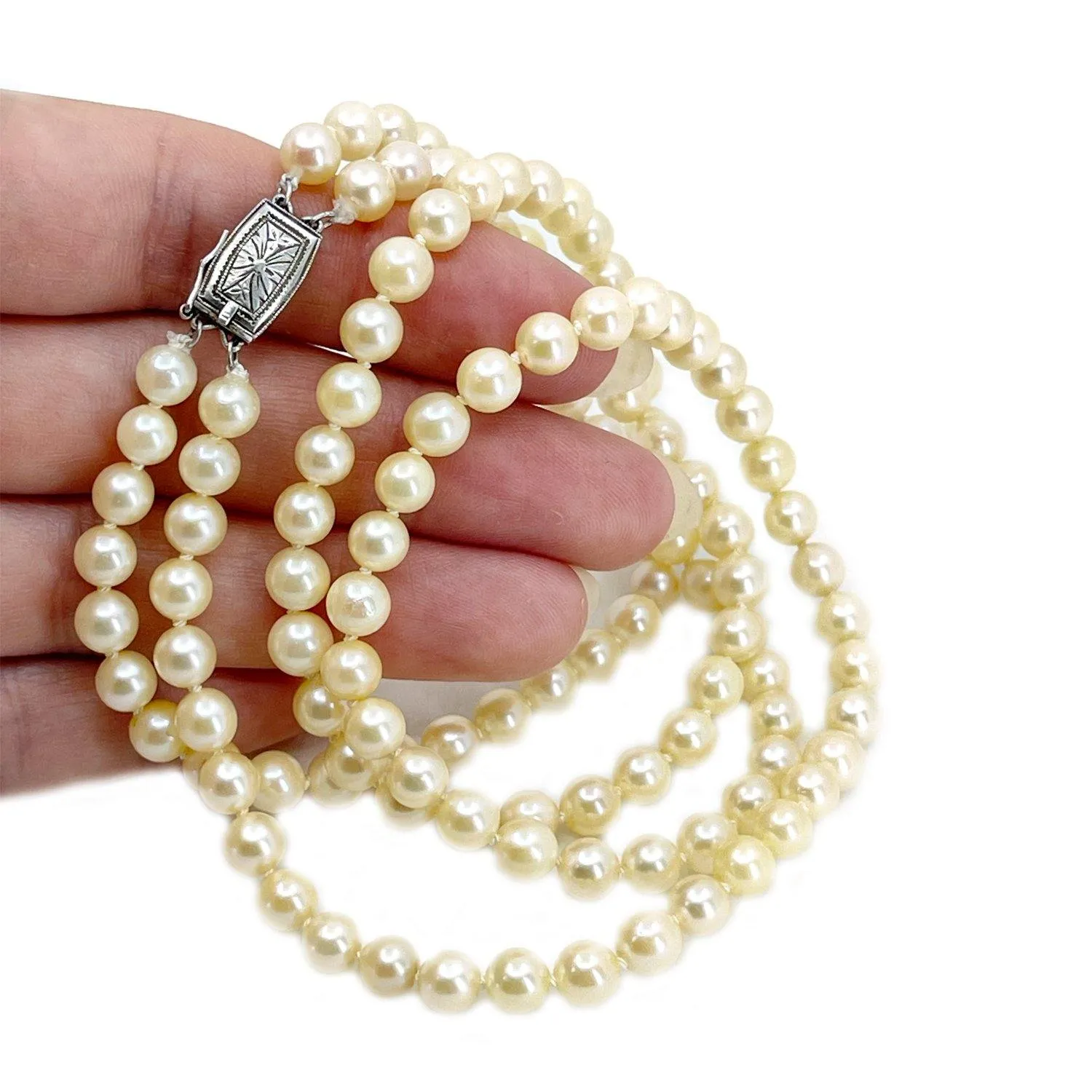 Double Strand Engraved Japanese Cultured Akoya Pearl Choker Necklace -Sterling Silver 15.50 & 16 Inch