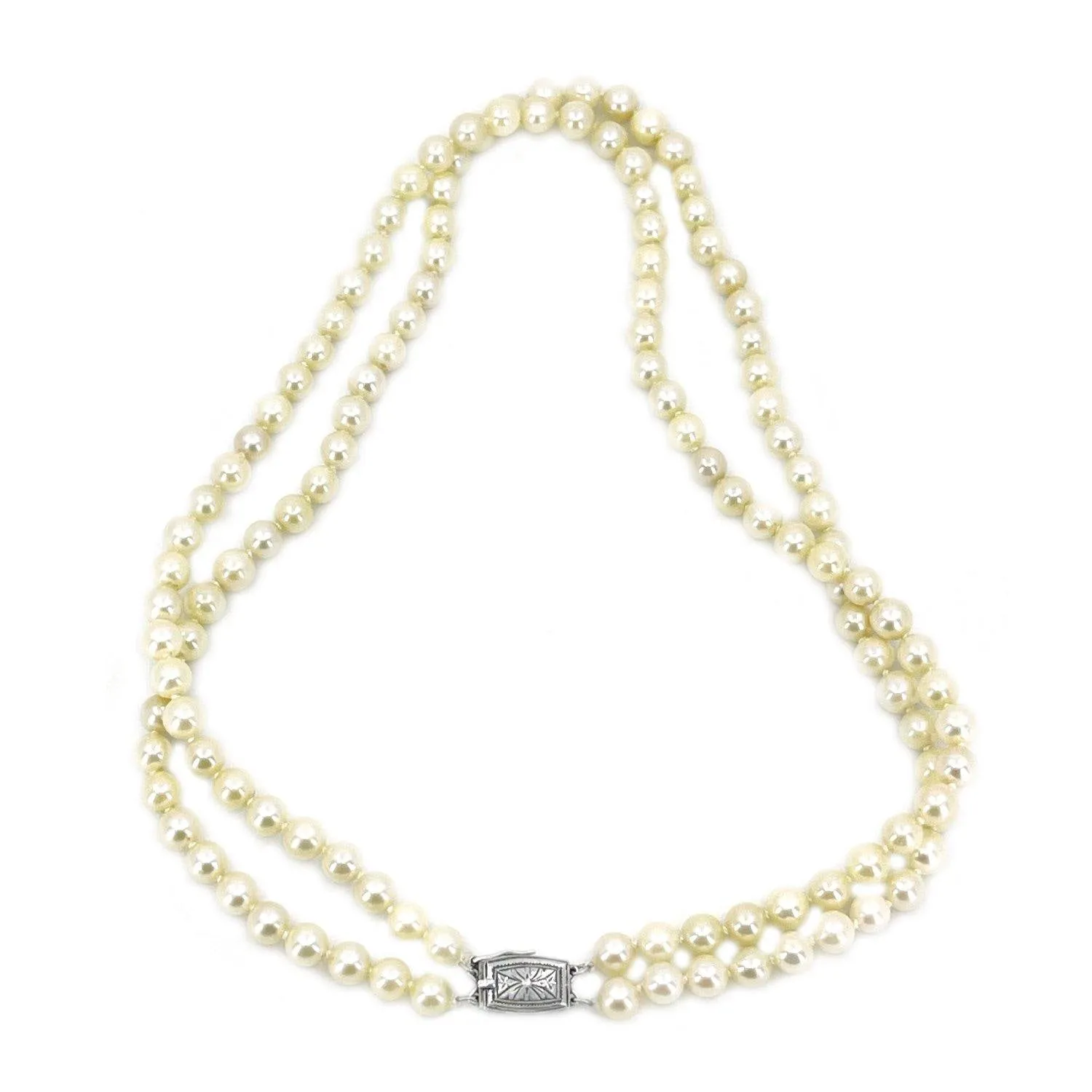 Double Strand Engraved Japanese Cultured Akoya Pearl Choker Necklace -Sterling Silver 15.50 & 16 Inch