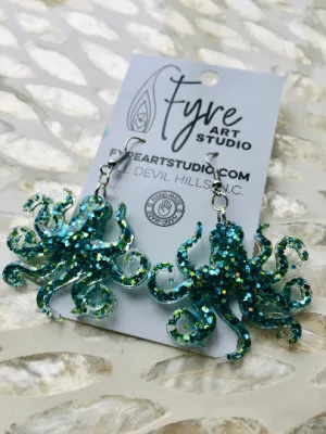 Earrings - Cute Octopus Resin Earrings. Green and Blue Glitter Bomb