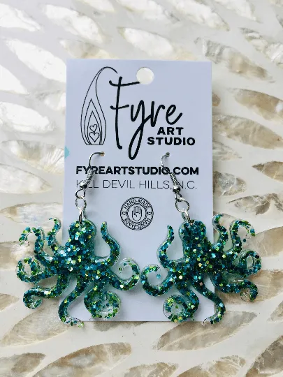 Earrings - Cute Octopus Resin Earrings. Green and Blue Glitter Bomb