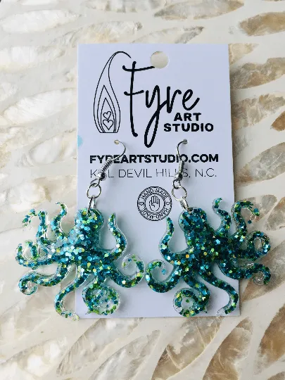 Earrings - Cute Octopus Resin Earrings. Green and Blue Glitter Bomb