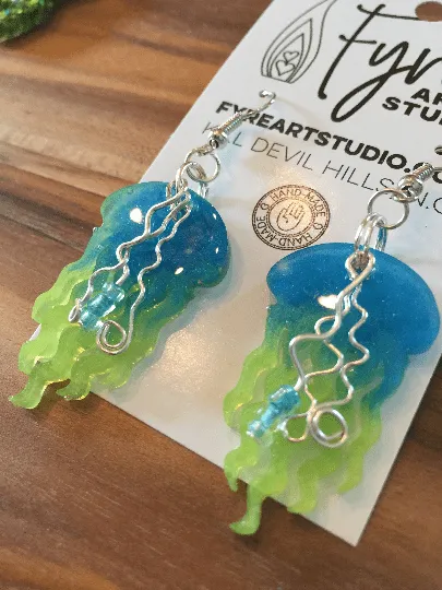 Earrings - Jelly Fish Bright Blue and Lime Green Resin with wire and beads