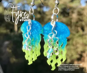 Earrings - Jelly Fish Bright Blue and Lime Green Resin with wire and beads