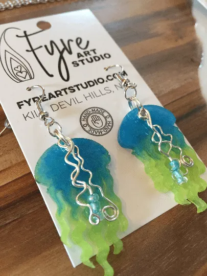 Earrings - Jelly Fish Bright Blue and Lime Green Resin with wire and beads