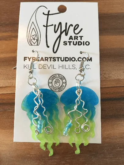 Earrings - Jelly Fish Bright Blue and Lime Green Resin with wire and beads