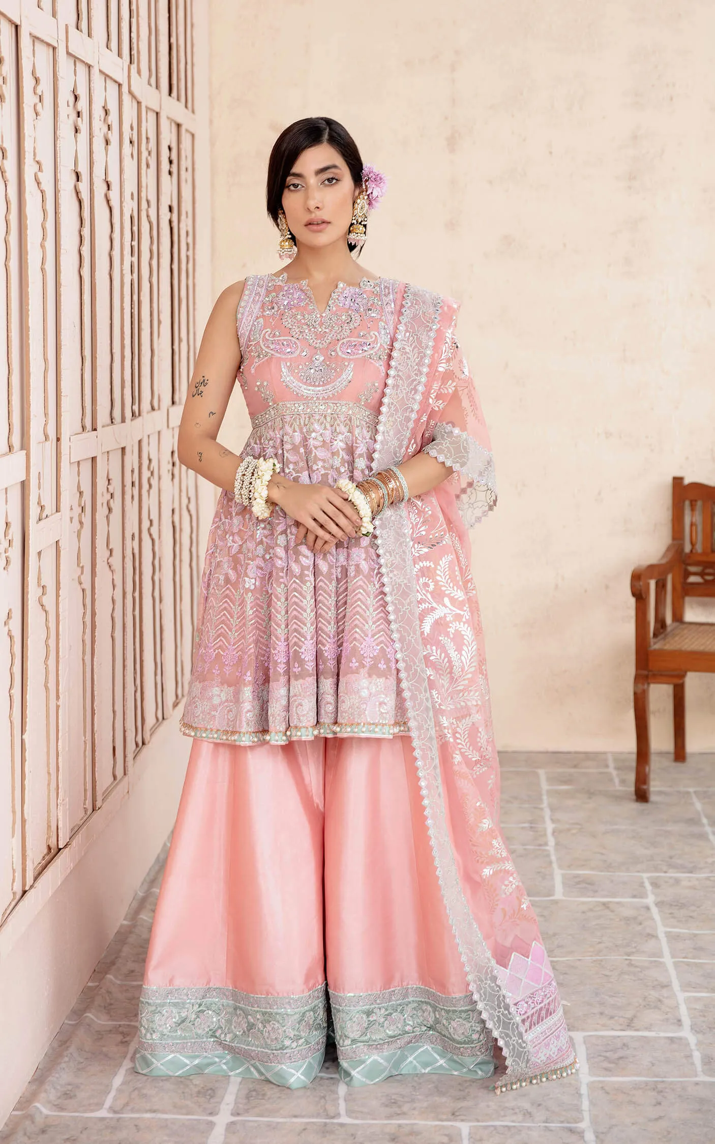 Embroidered Pink Pakistani Party Dress in Pishwas Style