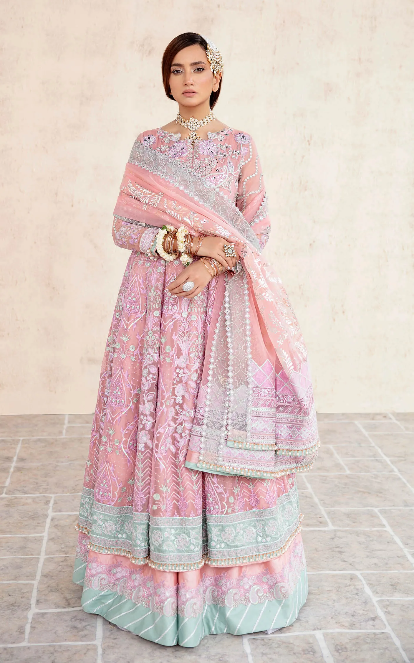 Embroidered Pink Pakistani Party Dress in Pishwas Style