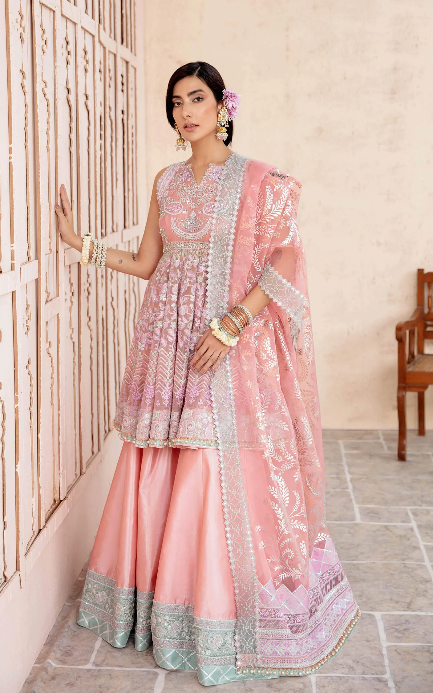 Embroidered Pink Pakistani Party Dress in Pishwas Style