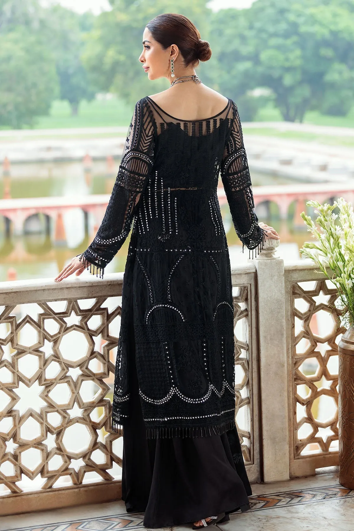Embroidered Silk Net Shirt with Sharara in Black Eid Dress