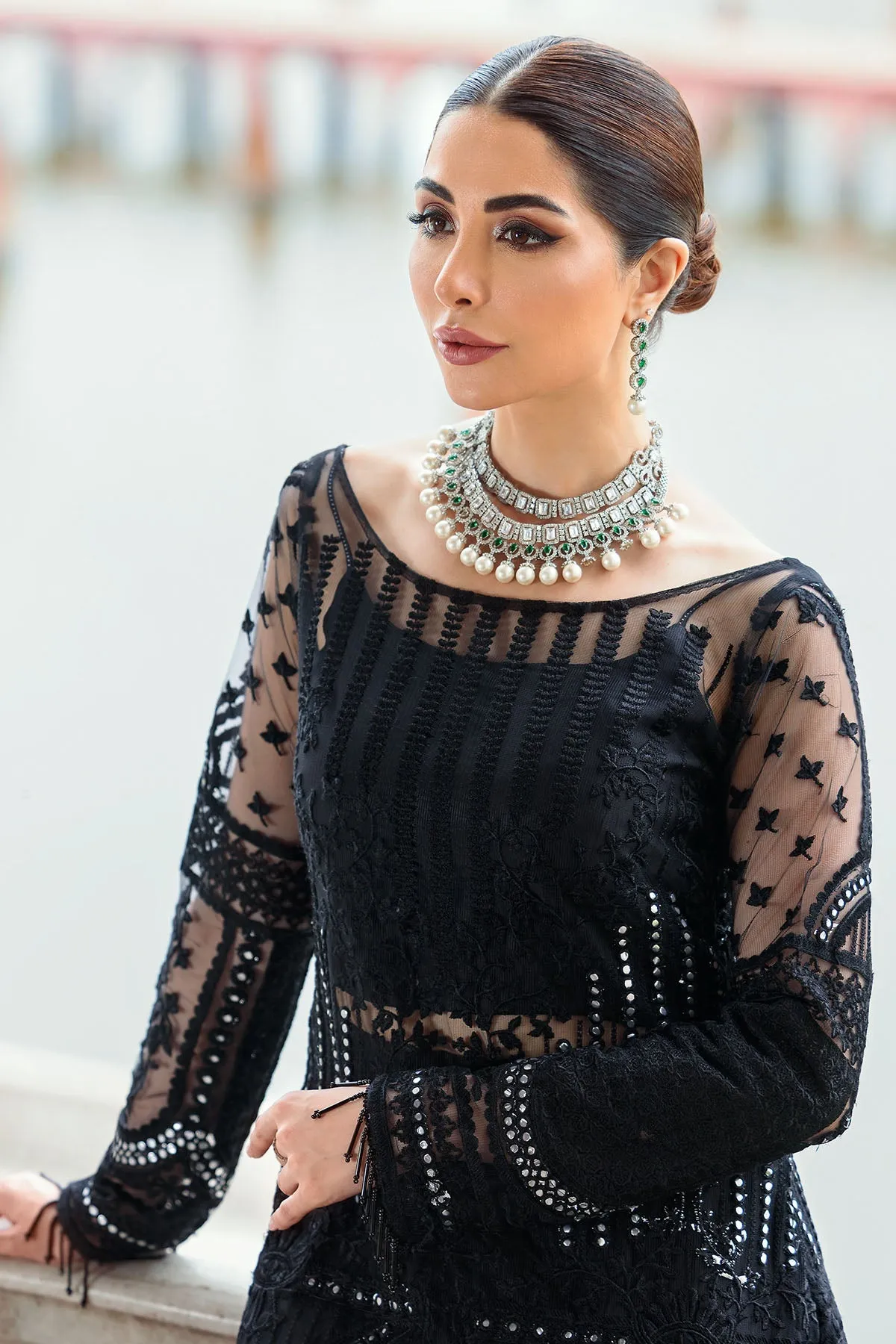 Embroidered Silk Net Shirt with Sharara in Black Eid Dress