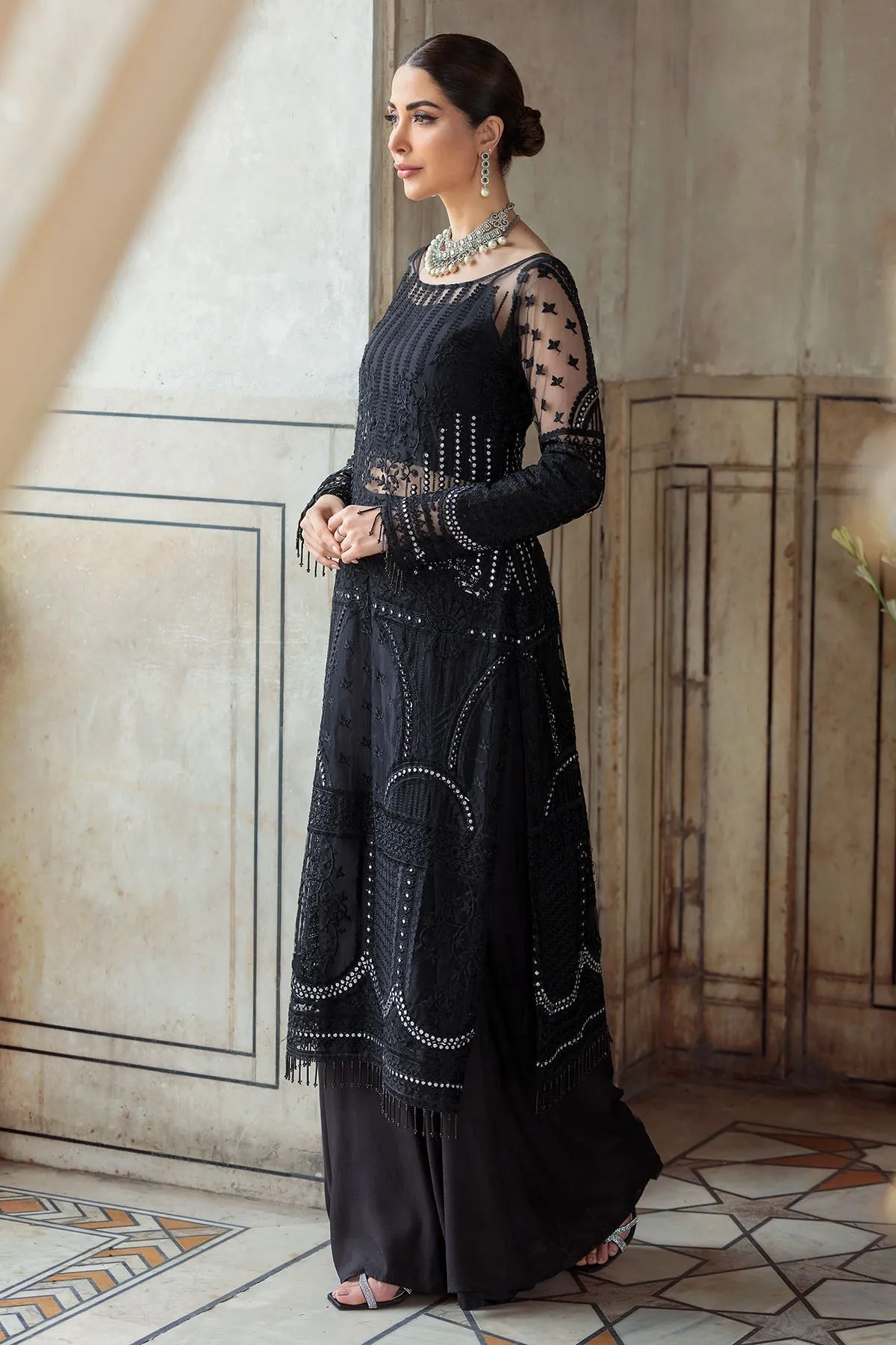 Embroidered Silk Net Shirt with Sharara in Black Eid Dress