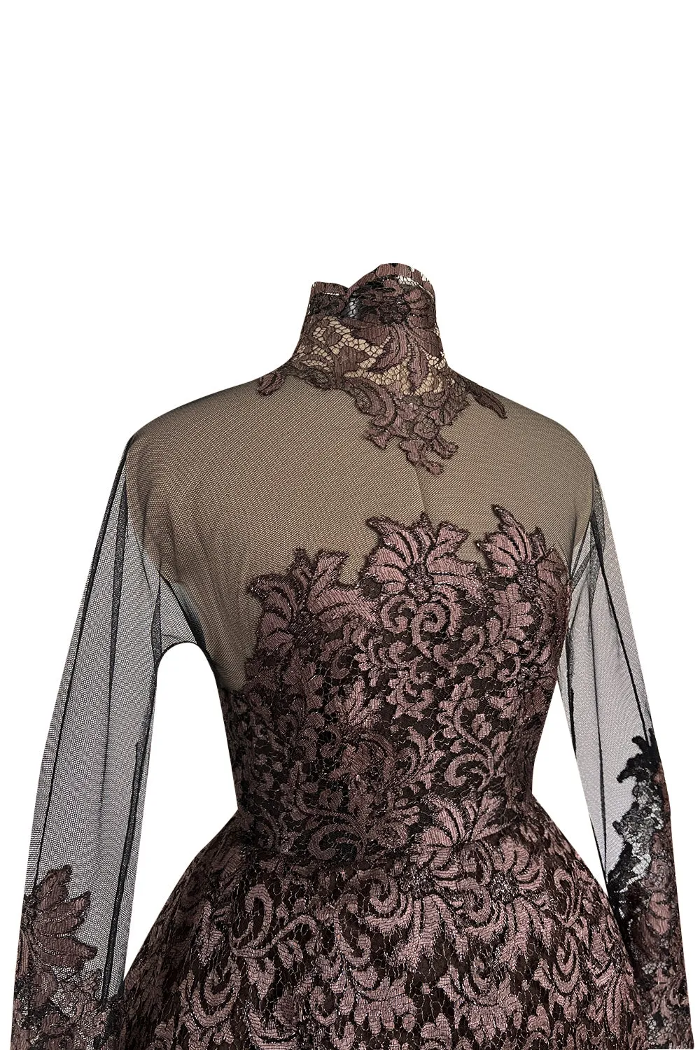 Extraordinary 1990s John Anthony Couture Deep Bronze Lace & Black Silk Netting Full Skirted Dress