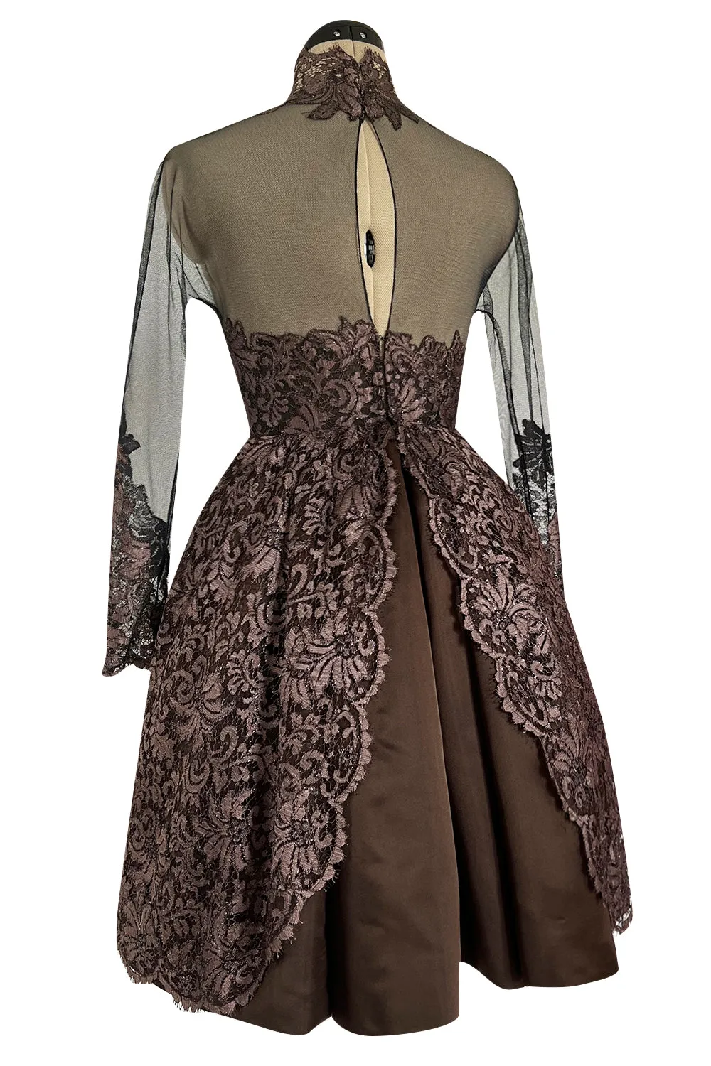 Extraordinary 1990s John Anthony Couture Deep Bronze Lace & Black Silk Netting Full Skirted Dress