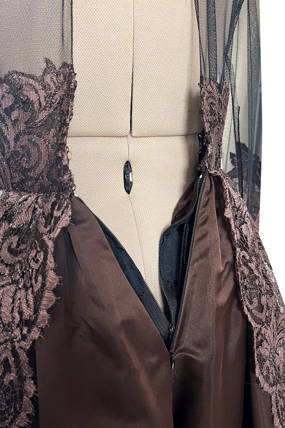 Extraordinary 1990s John Anthony Couture Deep Bronze Lace & Black Silk Netting Full Skirted Dress