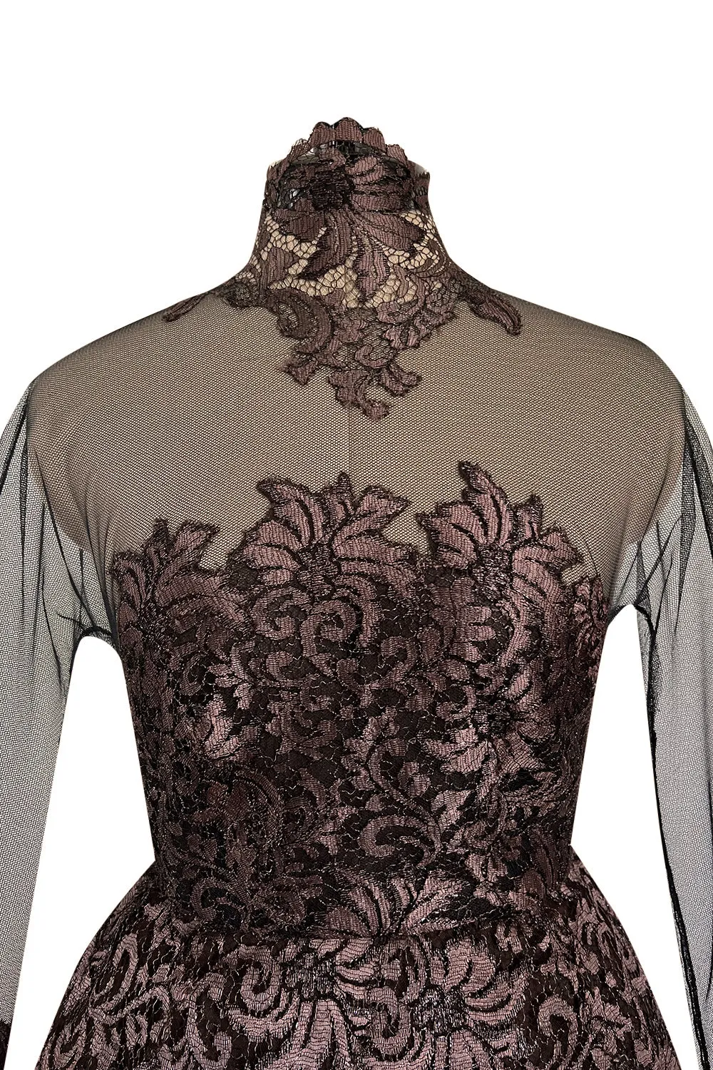 Extraordinary 1990s John Anthony Couture Deep Bronze Lace & Black Silk Netting Full Skirted Dress