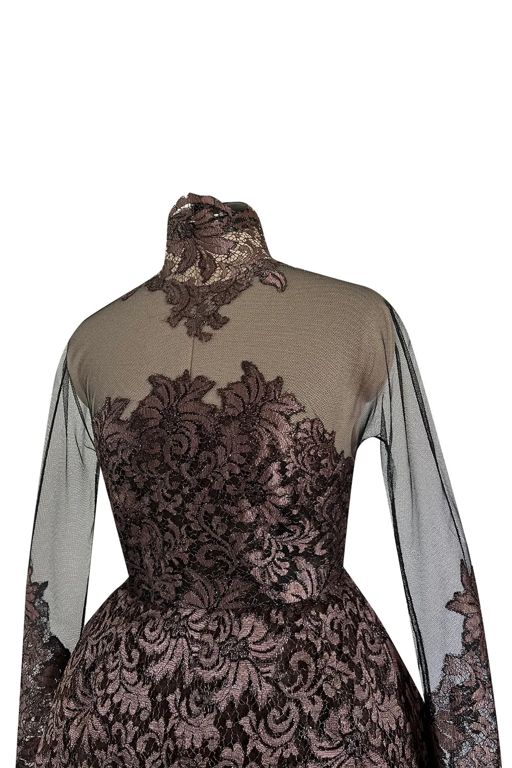 Extraordinary 1990s John Anthony Couture Deep Bronze Lace & Black Silk Netting Full Skirted Dress