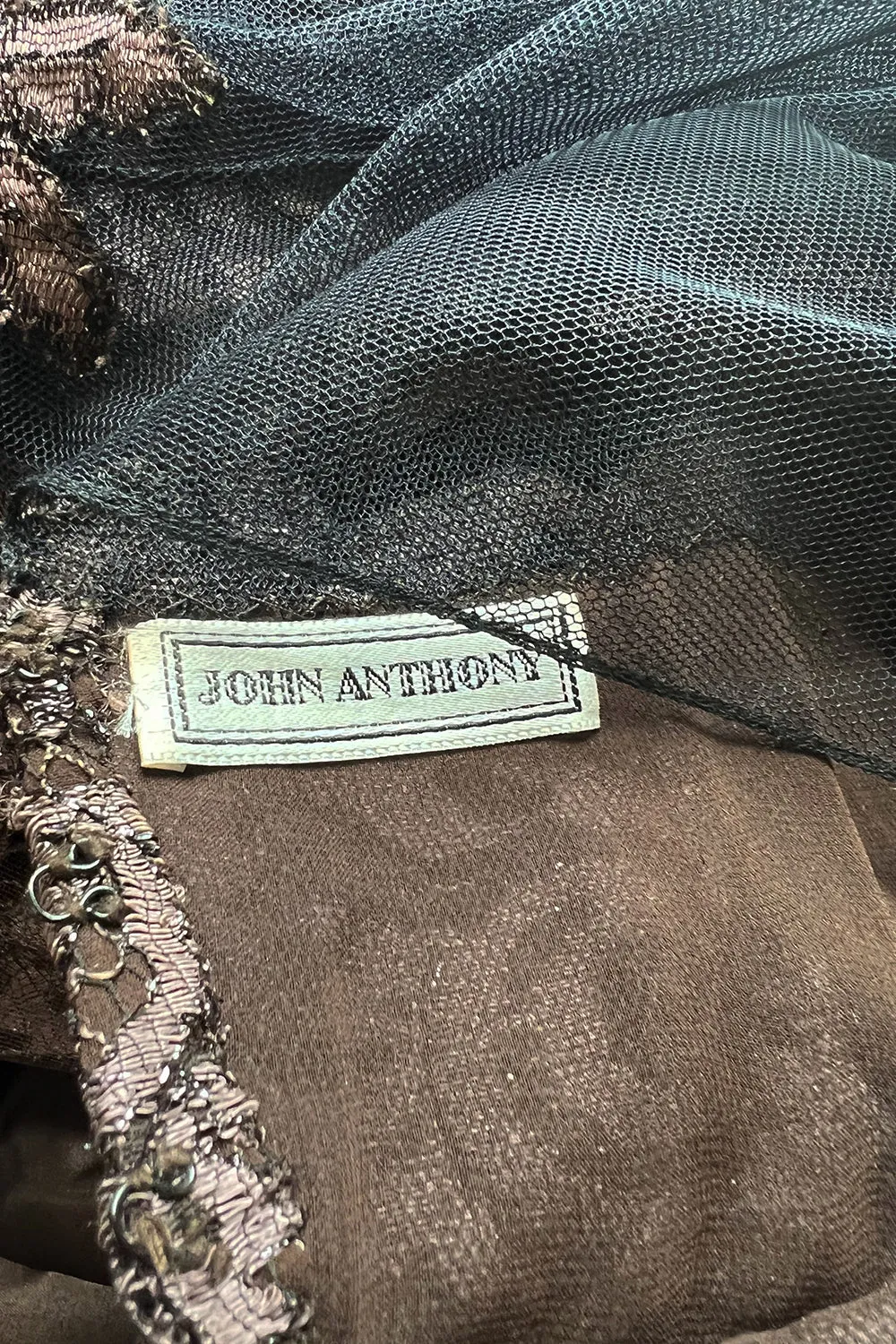 Extraordinary 1990s John Anthony Couture Deep Bronze Lace & Black Silk Netting Full Skirted Dress
