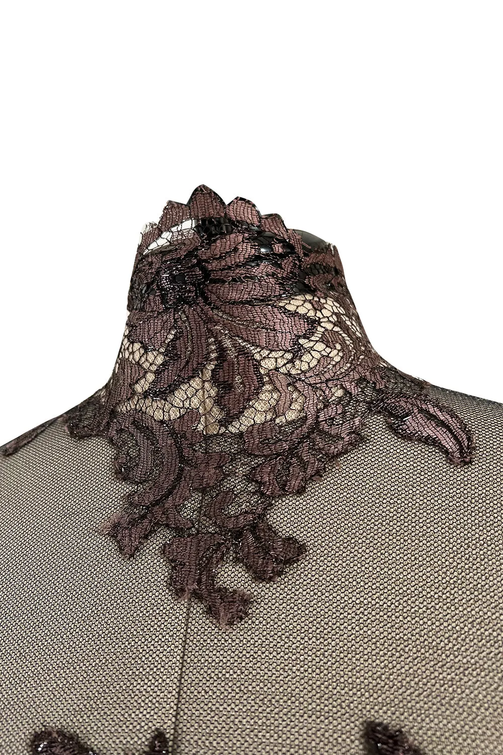 Extraordinary 1990s John Anthony Couture Deep Bronze Lace & Black Silk Netting Full Skirted Dress