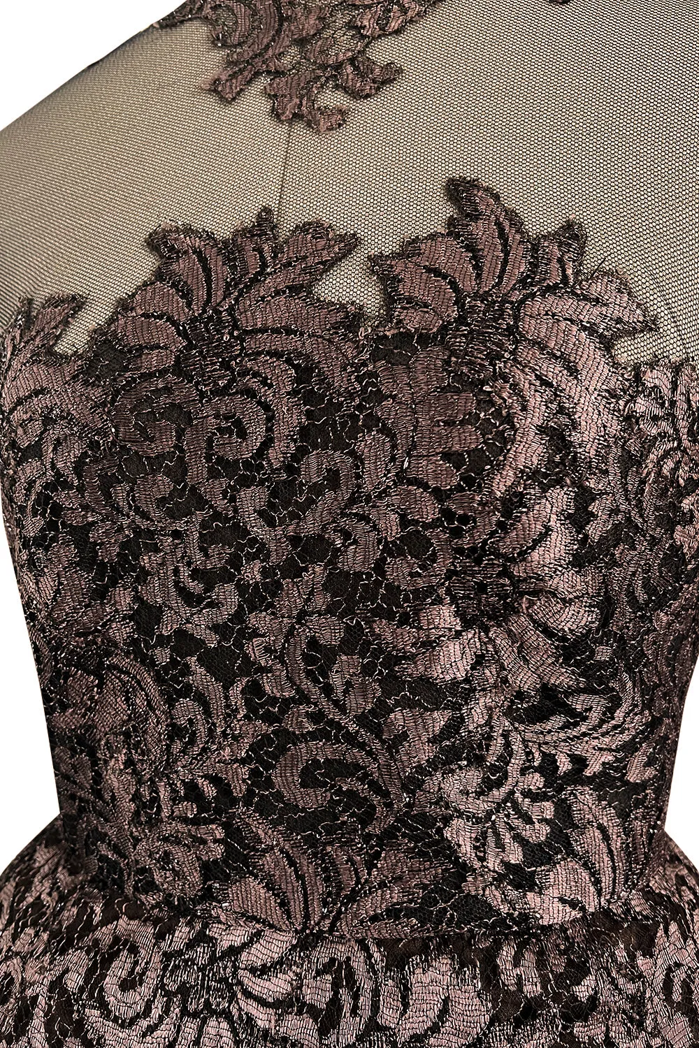 Extraordinary 1990s John Anthony Couture Deep Bronze Lace & Black Silk Netting Full Skirted Dress