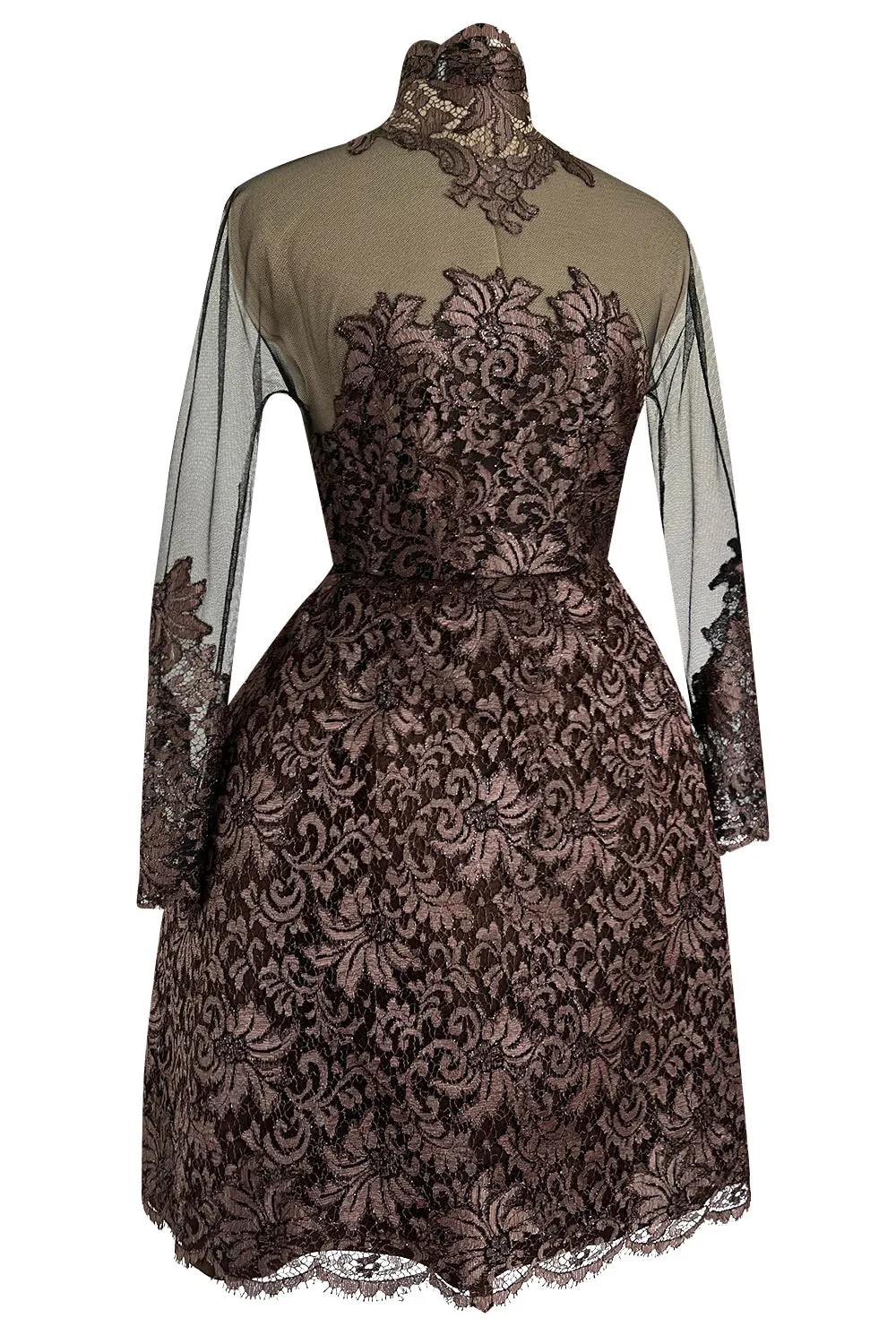 Extraordinary 1990s John Anthony Couture Deep Bronze Lace & Black Silk Netting Full Skirted Dress