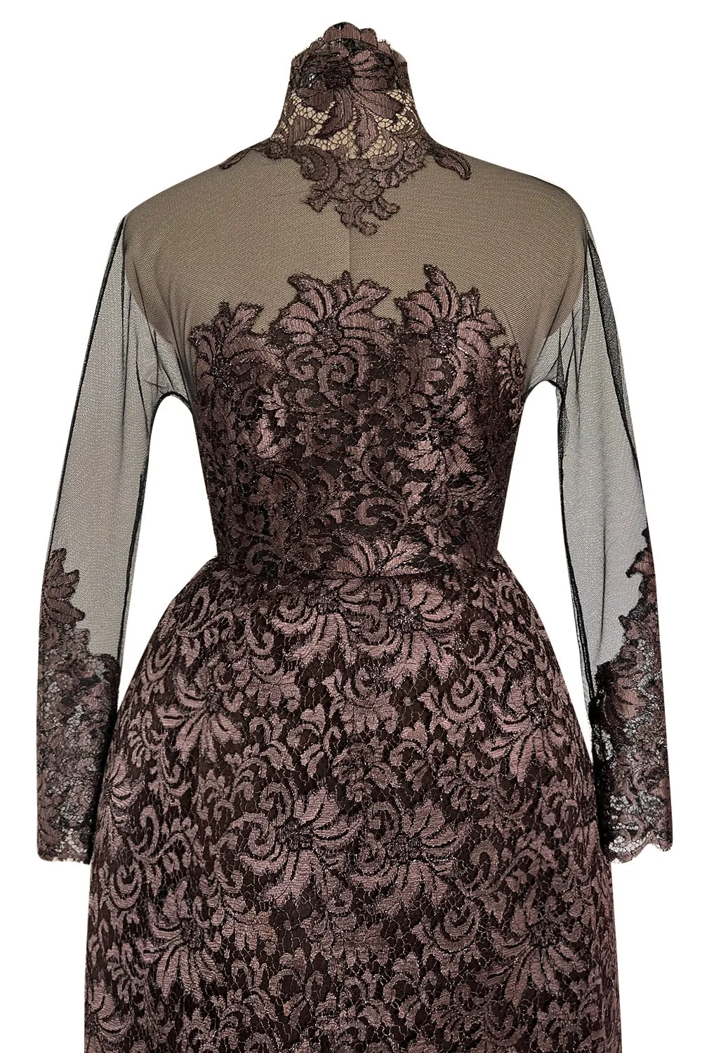 Extraordinary 1990s John Anthony Couture Deep Bronze Lace & Black Silk Netting Full Skirted Dress
