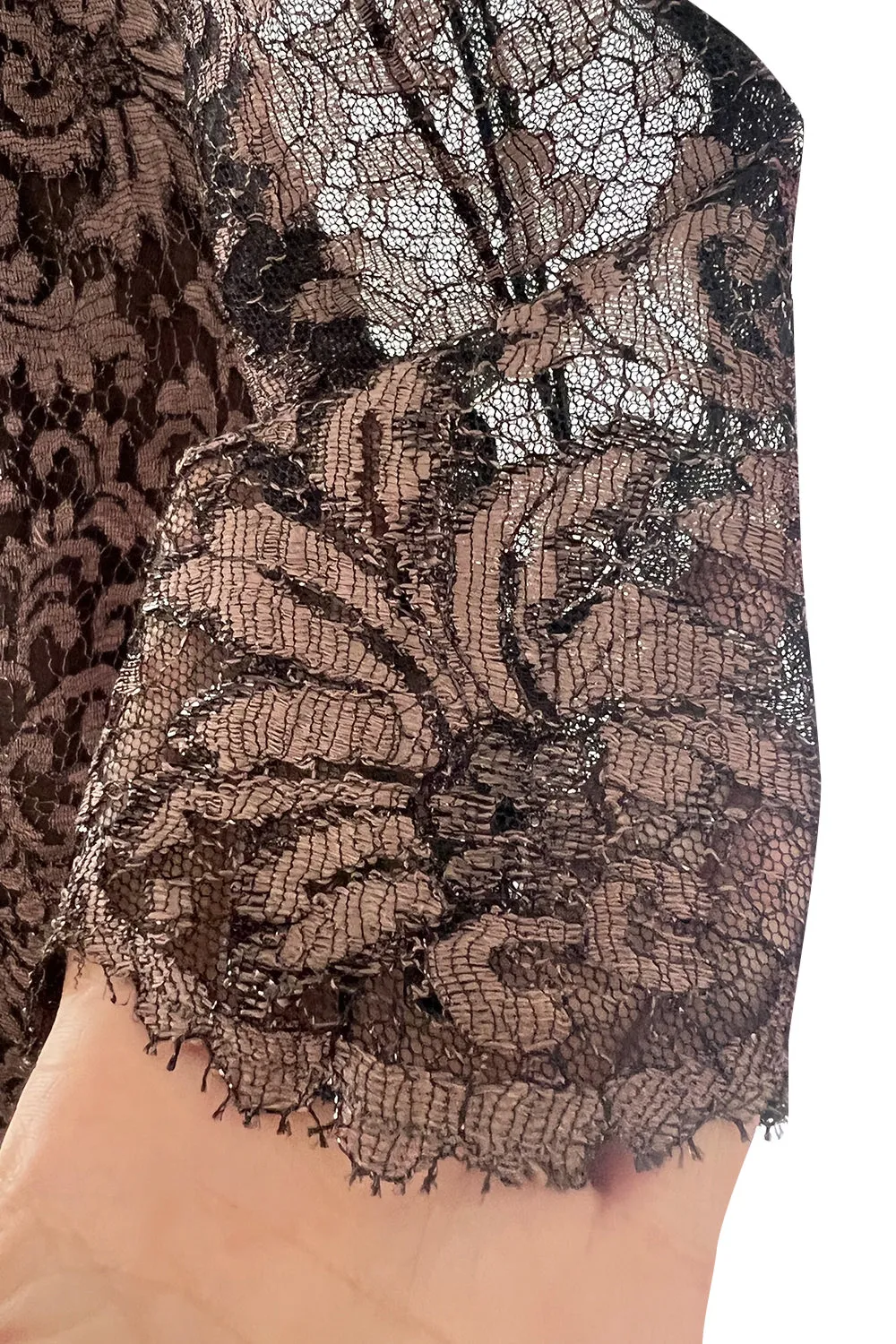 Extraordinary 1990s John Anthony Couture Deep Bronze Lace & Black Silk Netting Full Skirted Dress