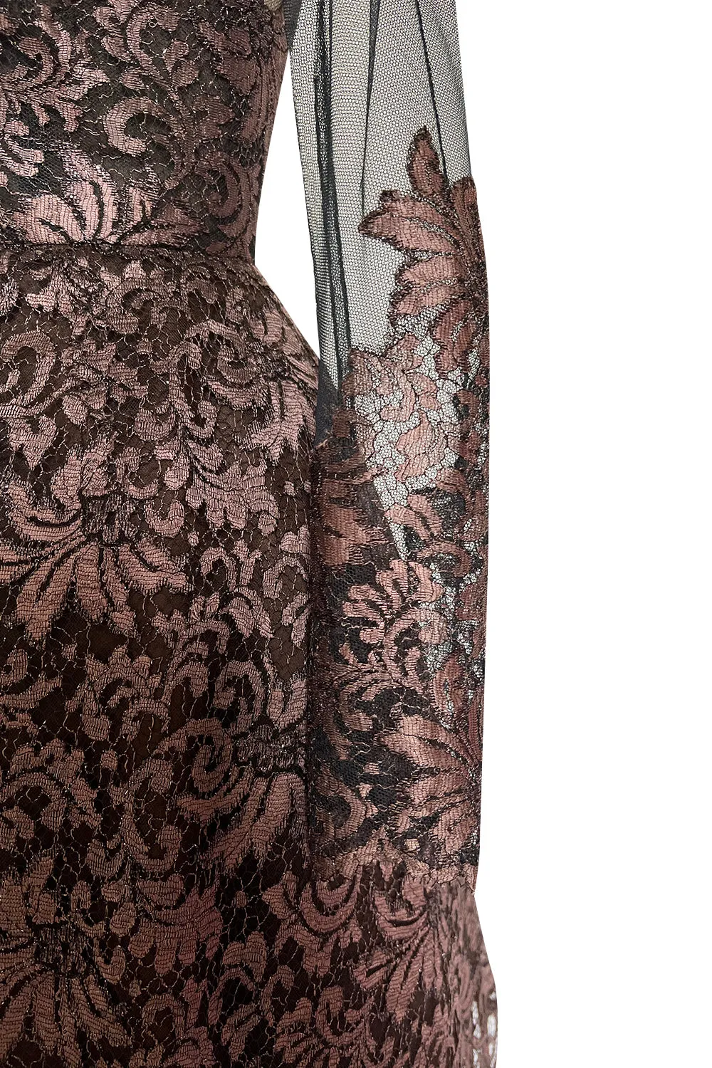 Extraordinary 1990s John Anthony Couture Deep Bronze Lace & Black Silk Netting Full Skirted Dress