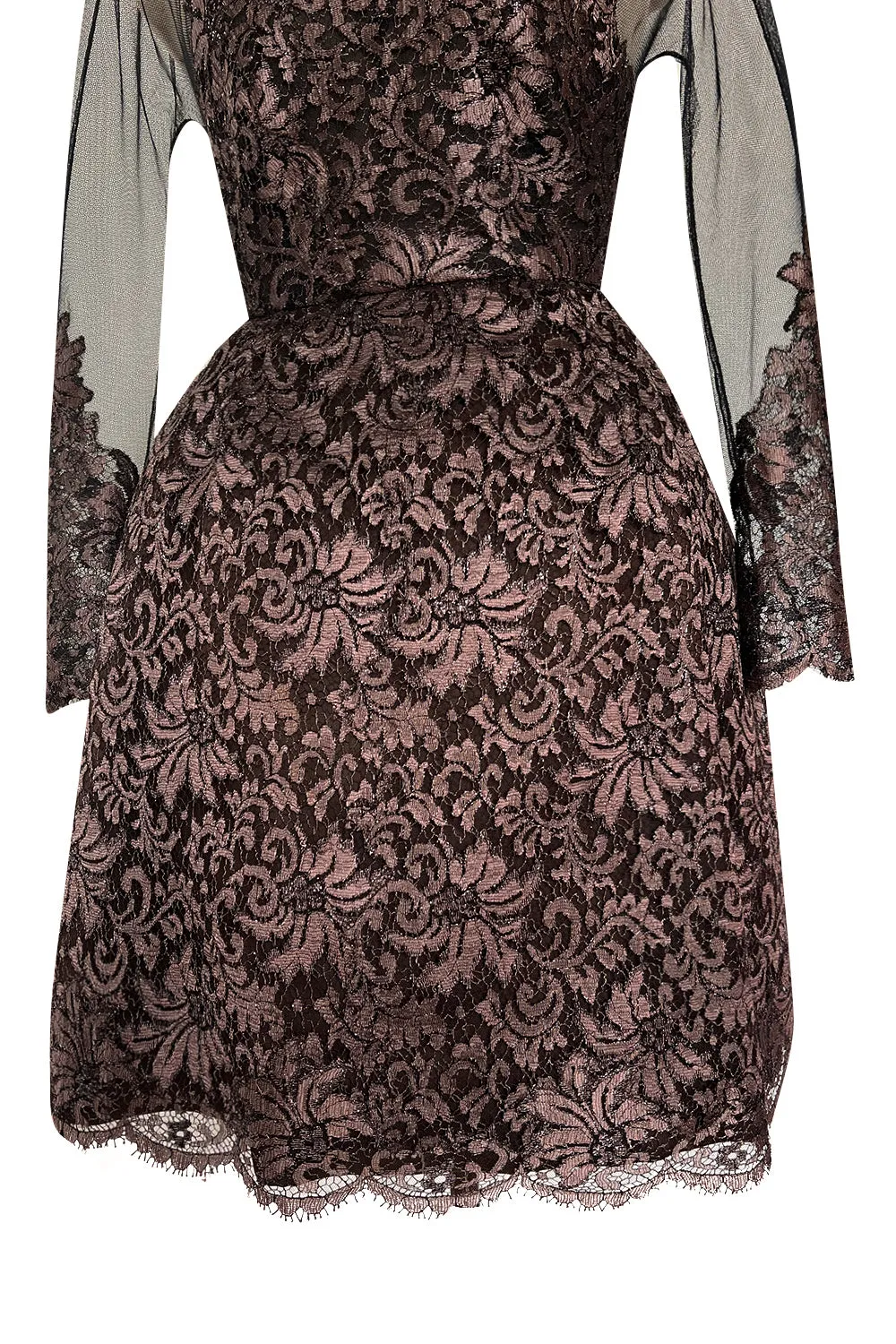 Extraordinary 1990s John Anthony Couture Deep Bronze Lace & Black Silk Netting Full Skirted Dress