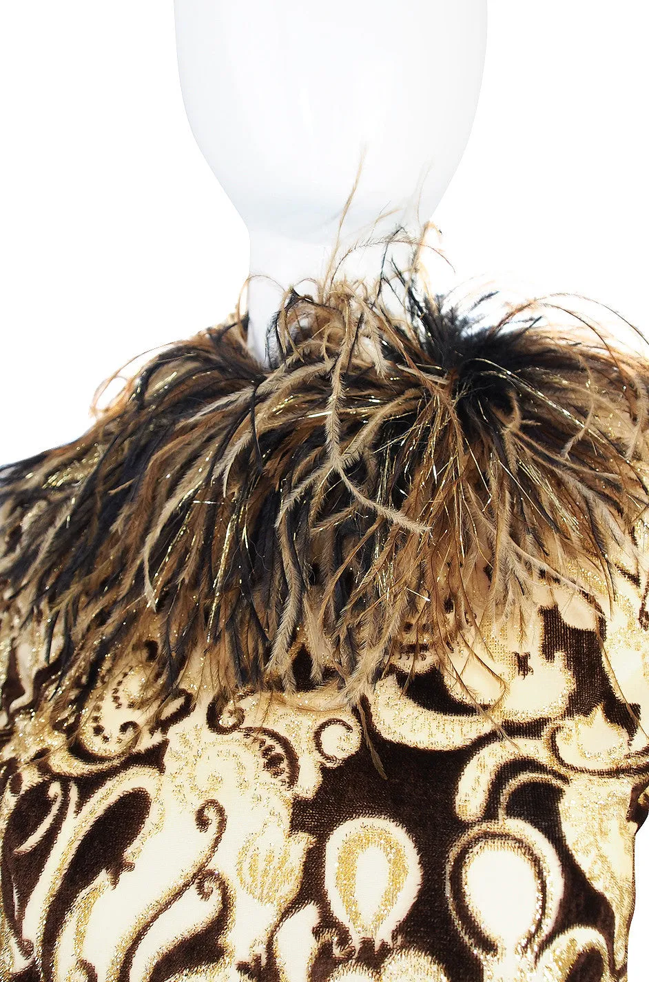 Fall 1973 Feather & Metallic Silk & Velvet Bill Blass Dress