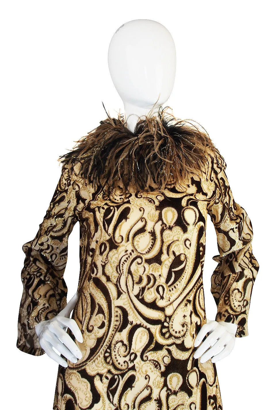 Fall 1973 Feather & Metallic Silk & Velvet Bill Blass Dress